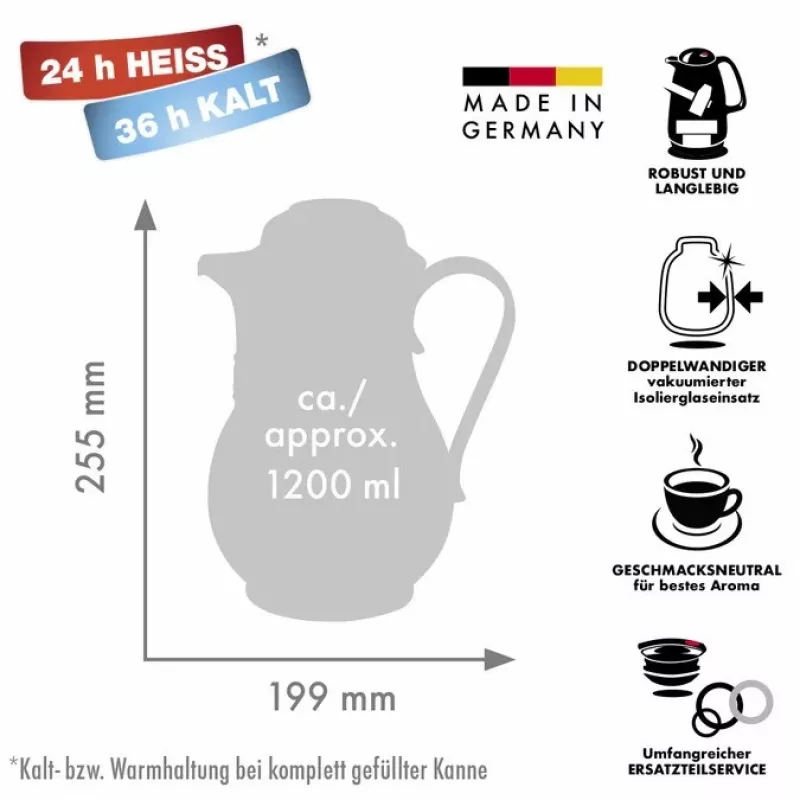 Termosa krūze ROTPUNKT 1.2 L, ziloņkaula krāsa — 24 h karstumam / 36 h aukstumam, roktura tvēriens, 199×255 mm