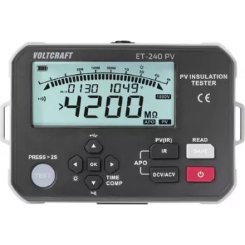 Voltcraft ET-240 PV Izolācijas mērītājs 125 V, 250 V, 500 V, 1000 V 4000 MET-240 PV PV izolācijas testeris 1000 V 4G Sprieguma mērīšana: 1000 V/DC, 600 V/AC Pārbaudes spriegumi 125/250/500/1000 V