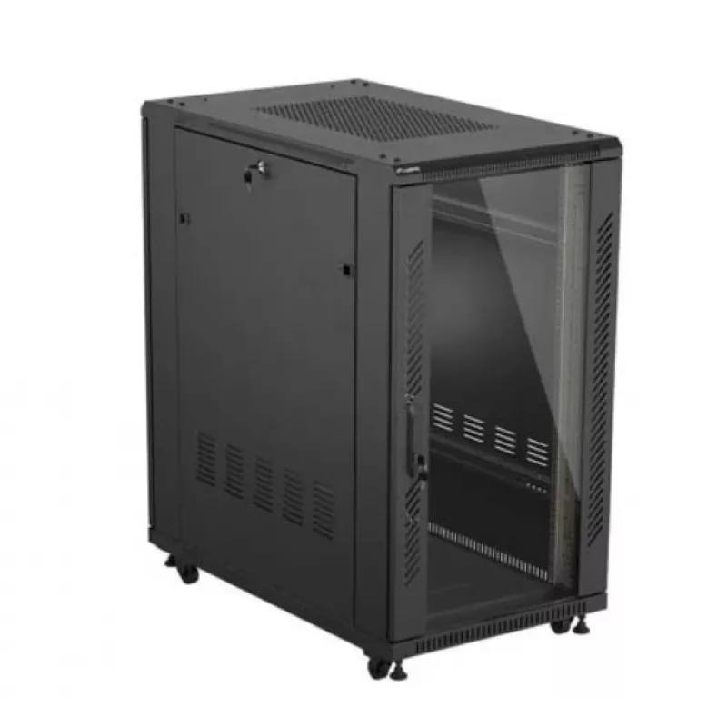 19 collu statīva skapis LANBERG 22U 600x1000 mm, melns, stikla priekšējās un aizmugurējās durvis