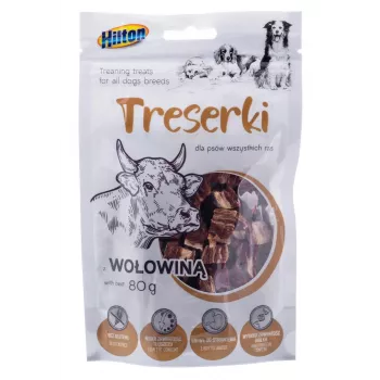 Suņu apmācības gardumi Hilton Treaning treats liellopu gaļa 80 g — mīksti, kumosa lieluma liellopu gaļas našķi, olbaltumvielas 42%, mitrums 18%