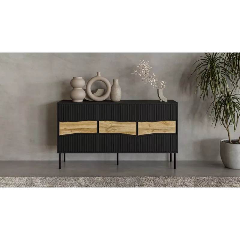 Kumode INSERTO 3D 143.5×40×80 cm melna ar LED, skaidu plātne, 16 mm rāmis