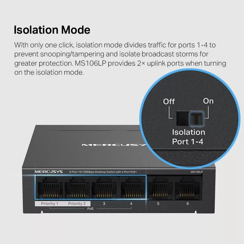 Mercusys 6-Portu 10/100Mbps Galda slēdzis ar 4 PoE+ portiem