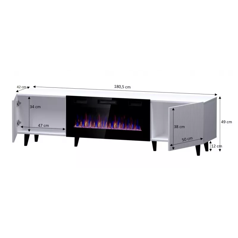 TV skapis Cama Meble PAFOS EF ar elektrisko kamīnu 180×42×49 cm, balts matēts
