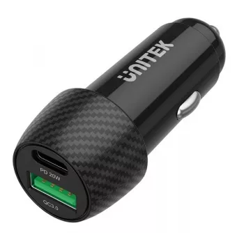 Auto lādētājs Unitek P1400A ar USB-C un USB-A, 38W, Quick Charge 3.0, ieeja 12–24V, melns