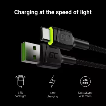 Green Cell KABGC06 USB kabelis 1.2 m USB A USB C Melns