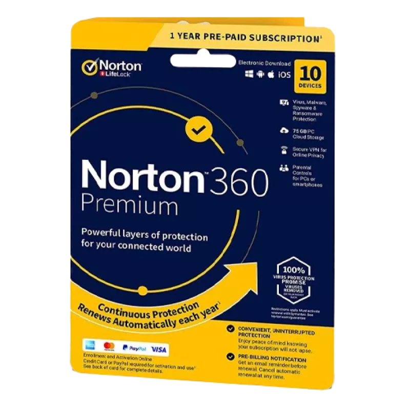 Norton 360 Premium | 10 ierīces | 1 gads | 75 GB mākoņkrātuve | ES | NAV abonements