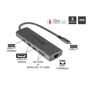 Alcasa HUB-C001A interfeisa centrmezgls USB Type-C 5000 Mbit/s antracīts
