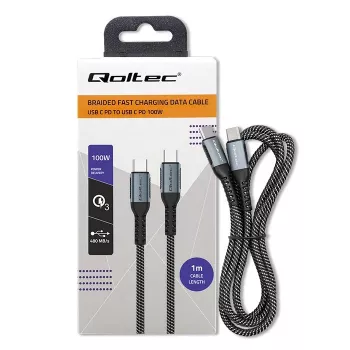 Qoltec USB 2.0 kabelis Type C uz Type C 100W QC 3.0 PD 1m Melns