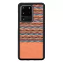 Telefona maciņš koks un audums Samsung Galaxy S20 Ultra — brūns rūtains ar melnu apmali