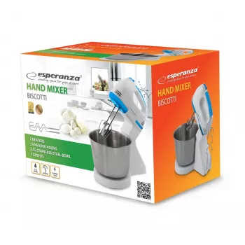 Stacionārais mikseris ESPERANZA EKM019WB — 150 W, 2,5 L bļoda, 7 ātrumi, mīklas āķi, dubultais putotājs, balts