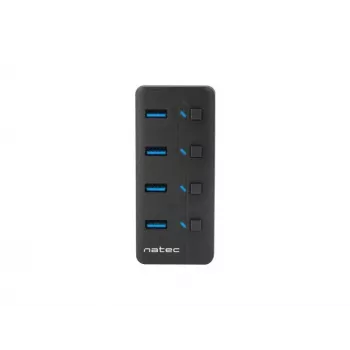 USB centrmezgls NATEC MANTIS USB 2.0 Type-B — 4x USB 3.2 Gen 1 Type-A porti, melns, 0,8 m kabelis, tīkla adapteris, barošanas slēdzis
