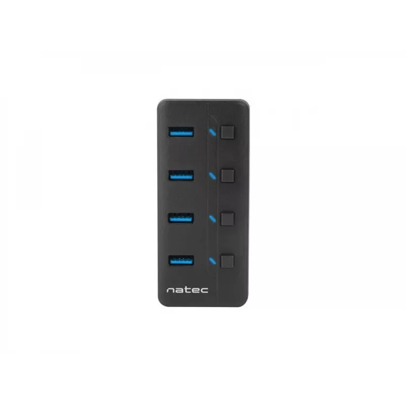 USB centrmezgls NATEC MANTIS USB 2.0 Type-B — 4x USB 3.2 Gen 1 Type-A porti, melns, 0,8 m kabelis, tīkla adapteris, barošanas slēdzis