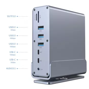Gembird 15-in-1 USB Type-C daudzportu adapteris A-CF-COMBO15-01 — USB 3.2 Gen 2, 4× Type-C, 2× HDMI, DisplayPort, PD 3.0, SD karšu lasītājs, Gigabit LAN, 3.5 mm audio, pelēks