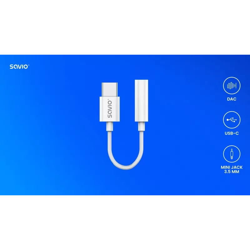 USB Type-C (vīr.) – Jack 3.5mm (siev.) audio adapter balts SAVIO AK-52