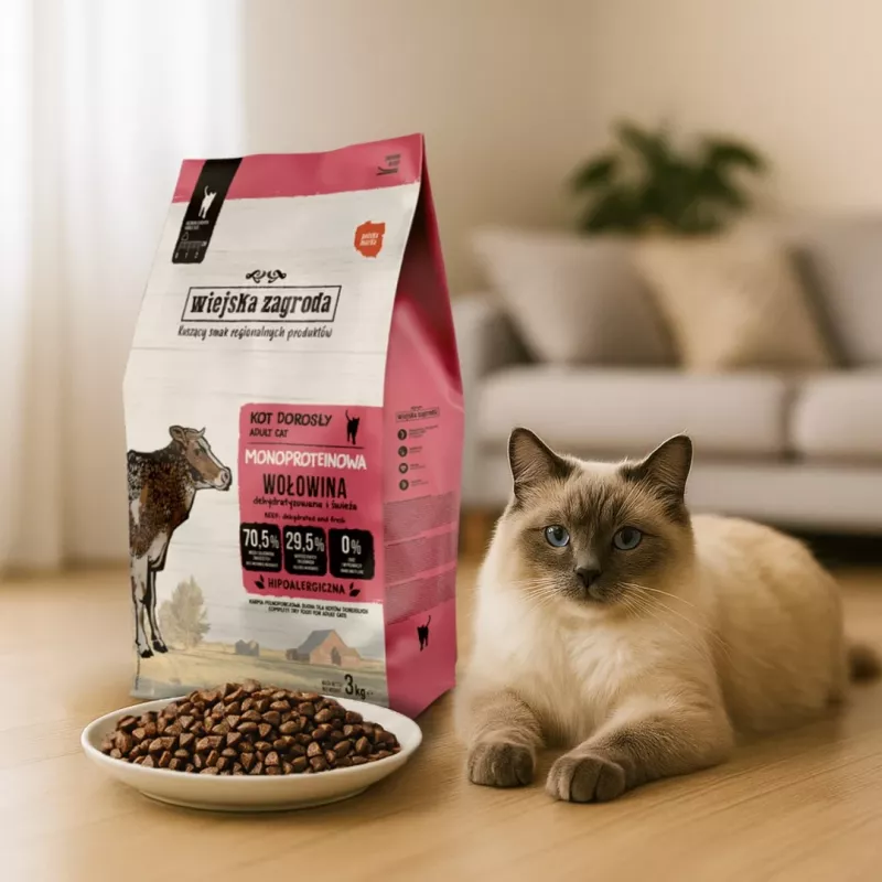 WIEJSKA ZAGRODA Monoprotein Beef sausā barība kaķiem - 3kg