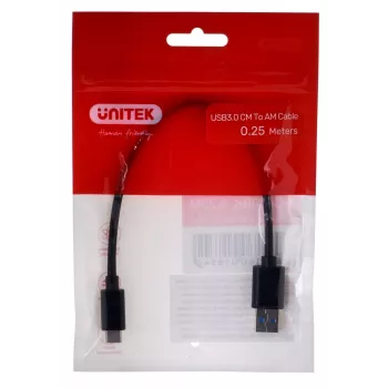USB-C uz USB-A kabelis Unitek Y-C490BK 3.1 Gen1 (USB 3.0), 0,25 m, melns, tēviņš-tēviņš