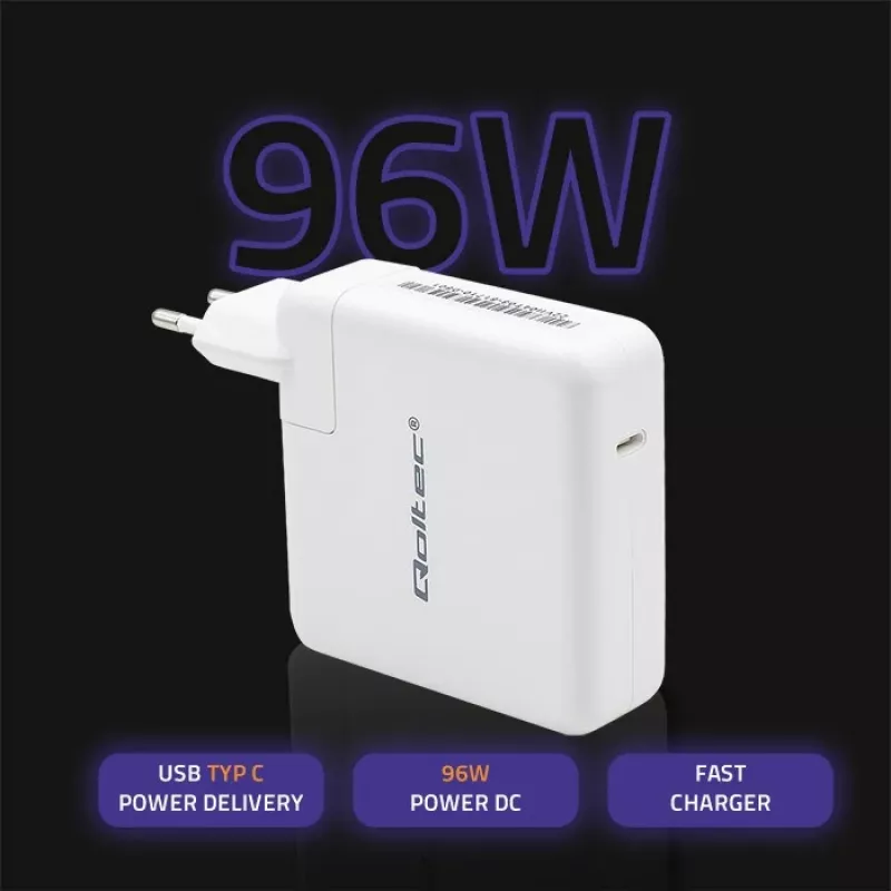 Lādētājs QOLTEC 51709, 96W USB-C PD, izejas diapazons 5V–20V