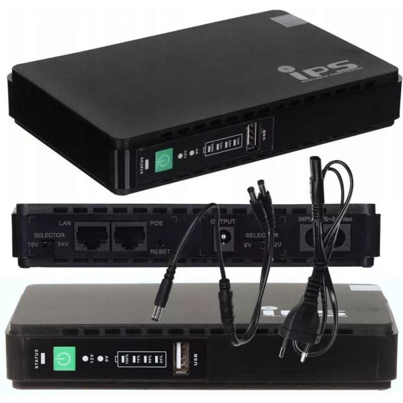 MPL Power RouterUPS-30-PoE 30 W strāvas adapteris/invertors iekštelpām, 100–240V, melns, 160×105×28 mm