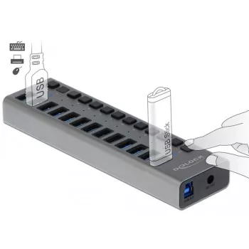 DeLOCK ārējais USB 3.2 Gen 1 centrmezgls ar 13 portiem un slēdžiem, 5 Gbps, alumīnija korpuss, pelēks, 1 m