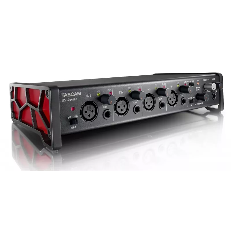 Audio interfeiss Tascam US-4X4HR – 4x XLR kombinētā ieeja, 4 analogās izejas, 56 dB mikrofona pastiprinātājs, 192 kHz, USB 2.0, galddators, melns