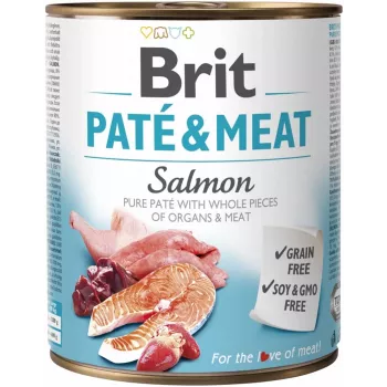 Mitrā suņu barība Brit Paté & Meat ar lasi 800 g – pilnvērtīga konservēta barība pieaugušiem suņiem, vistas garša, bezgraudu, 75% mitrums