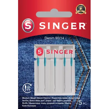 SINGER adatas šujmašīnai Denim 90/14, 5 gab. iepakojums — smagiem audumiem (džinss, brezents)