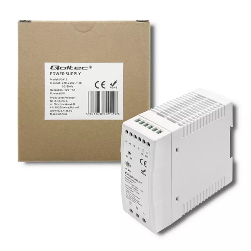 Qoltec Din Sliedes Barošanas Bloks | 60W | 12V | 5A | Balts | Plāns