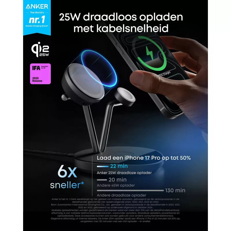 Anker Prime Bezvadu Lādēšanas Stacija Qi2.2 25W (3-in-1, MagGo, AirCool, Dock Statīvs) ar Barošanas Bloku