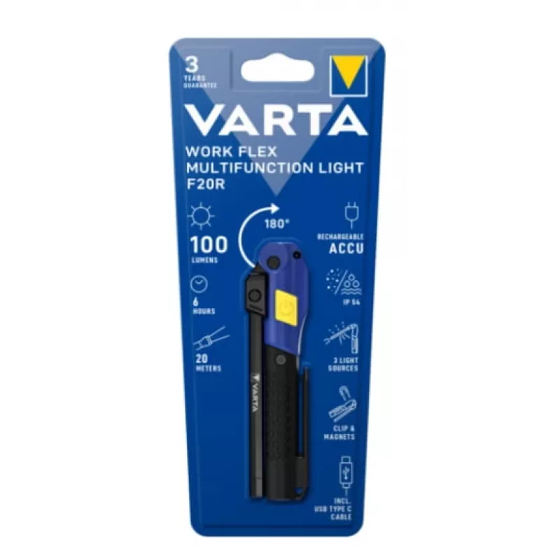 Rokas darba gaisma Varta Work Flex Black LED, 100 lm, iebūvēts akumulators, 6 h, alumīnijs/nilons/PC/gumija, 120 mm