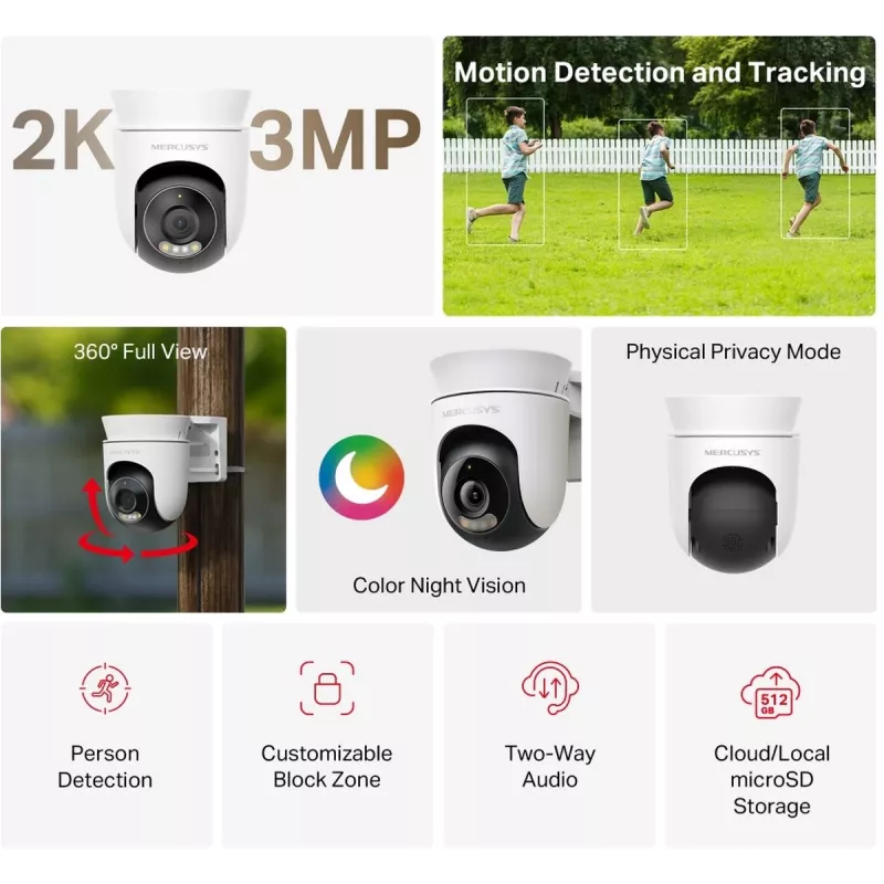 IP drošības kamera MERCUSYS MC510 kupola 2 MP, 2304×1296, 30 fps, Wi‑Fi & Ethernet, IR nakts redzamība, griestu stiprinājums, balta