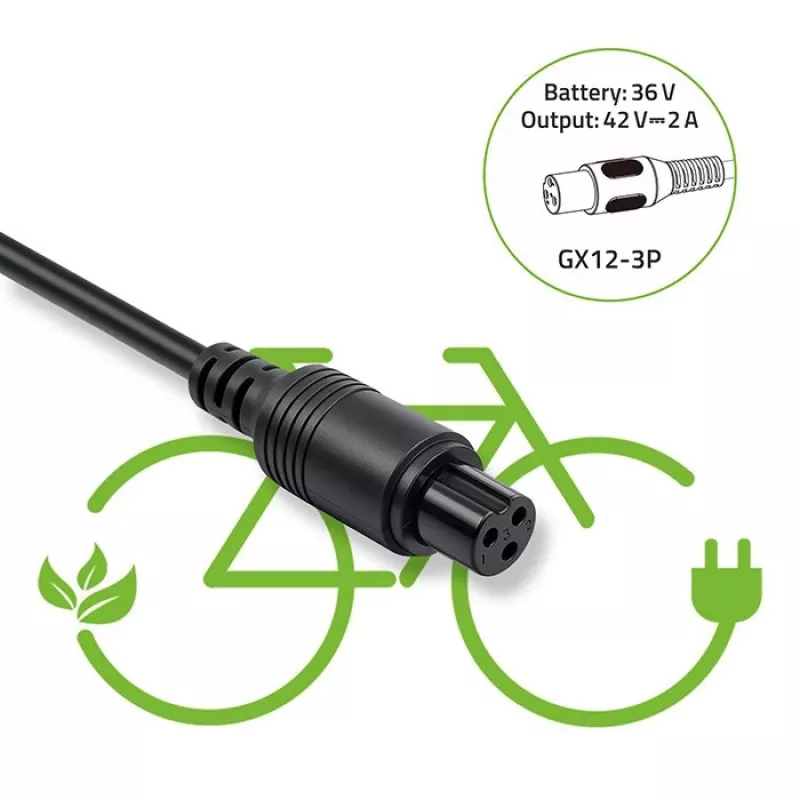 E-velosipēda lādētājs QOLTEC 36V–42V 2A ar GX12 3-pin savienotāju