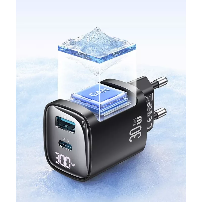 usams CC229 30W GaN ātrais lādētājs balts — USB un USB-C, LED indikators