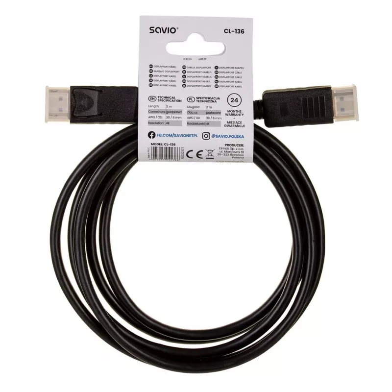 DisplayPort kabelis SAVIO CL-136, DisplayPort vīriešu–vīriešu, 2 m, DP 1.2, zelta kontakti, melns