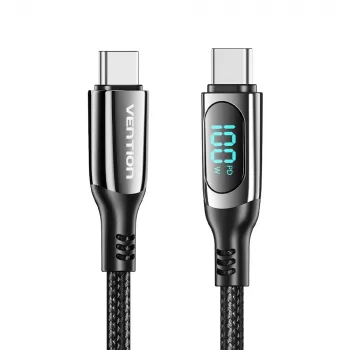 Vention Cotton Braided USB 2.0 C vīrietis uz C vīrietis 5A kabelis ar LED displeju 1.2M Melns Cinka sakausējums