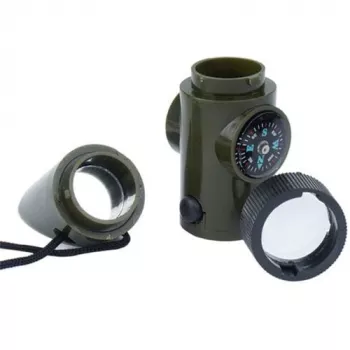 Daudzfunkcionāla izdzīvošanas svilpe Mil-Tec SP.22073 — 6-in-1 olīvkrāsā, kompass, termometrs, spogulis, palielināmais stikls, gaisma, 100×35×30 mm