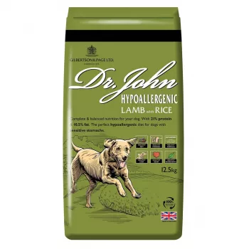 Sausā suņu barība Dr. John Hypoallergenic Lamb with Rice 12.5 kg – pieaugušiem suņiem, proteīns 21%, tauki 10.5%