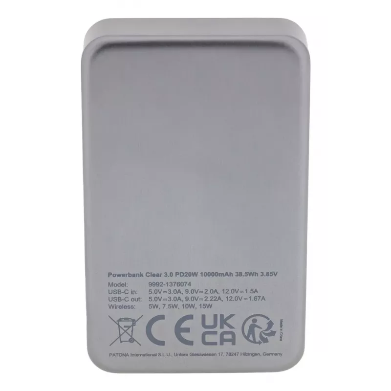 Patona Premium Clear 3.0 portatīvais akumulators 9992, 10000 mAh, PD 20W, MagSafe 15W, USB-C, pelēks