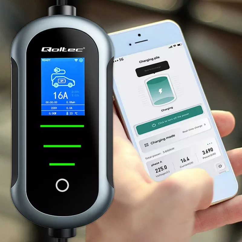 Elektroauto lādētājs QOLTEC Mobile EV 2in1 Type2 11 kW 400 V Wi‑Fi TUYA SMART LIFE LCD portatīvā wallbox 5 m kabelis