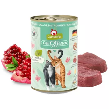 Slapjā barība kaķiem Fox4Pets Granatapet DeliCATessen Brieža gaļa & Tuncis 400 g, pilnvērtīga pieaugušo barība, 78% mitrums
