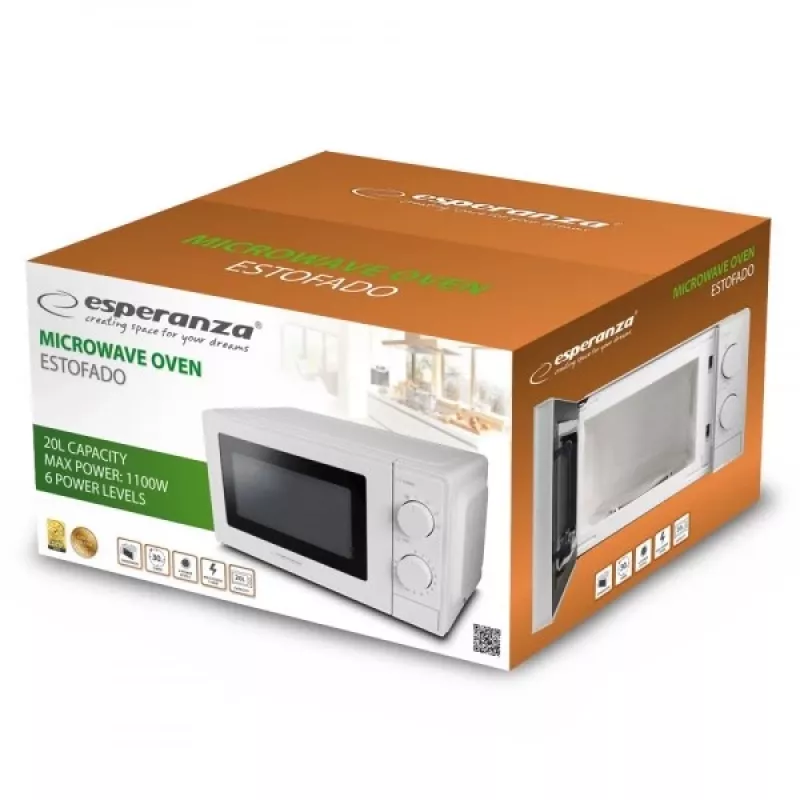 Mikroviļņu krāsns ESPERANZA ESTOFADO — 700 W, 20 L, 5 jaudas līmeņi, 24.5 cm pagriežamais statīvs, balta