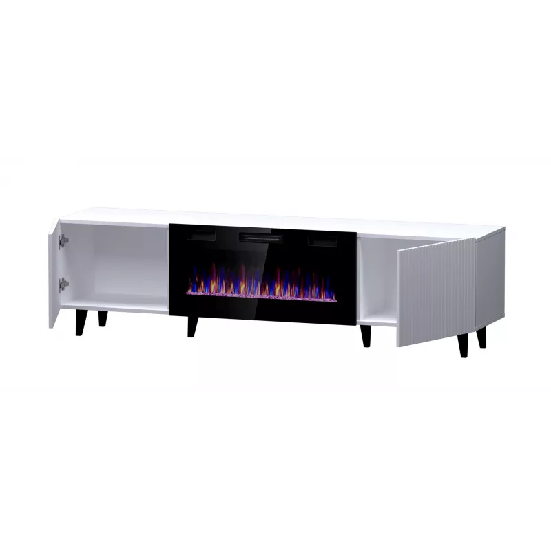TV skapis Cama Meble PAFOS EF ar elektrisko kamīnu 180×42×49 cm, balts matēts