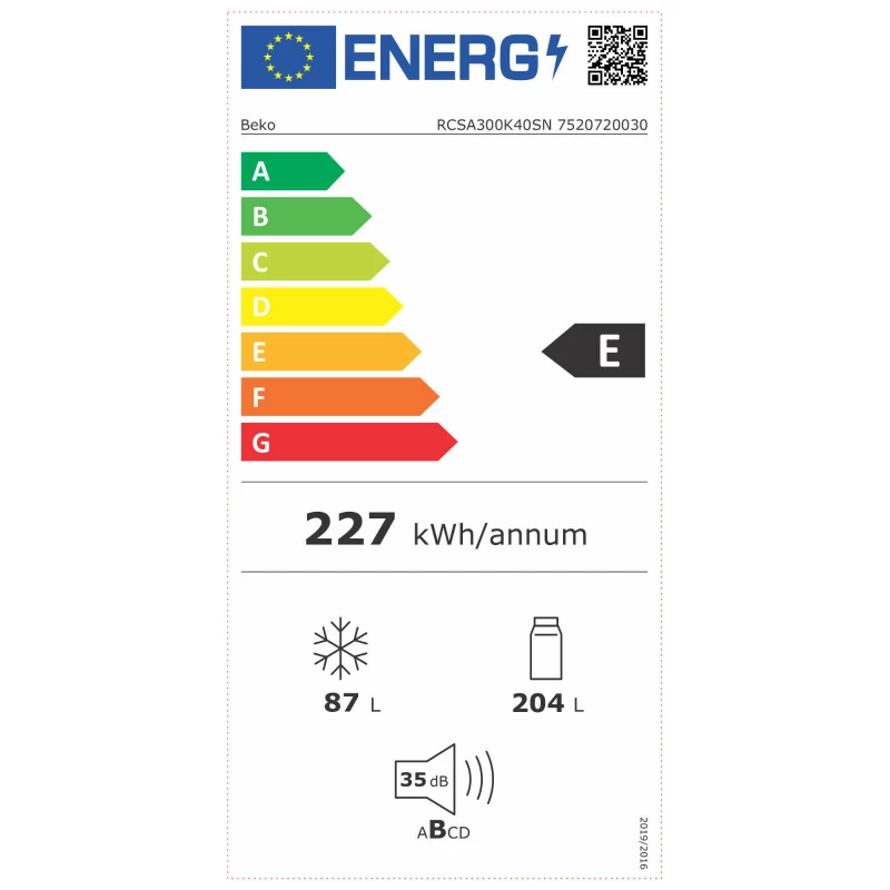 BEKO Ledusskapis RCSA300K40SN, Energoklase E, Augstums 181 cm, Nerūsējošais tērauds