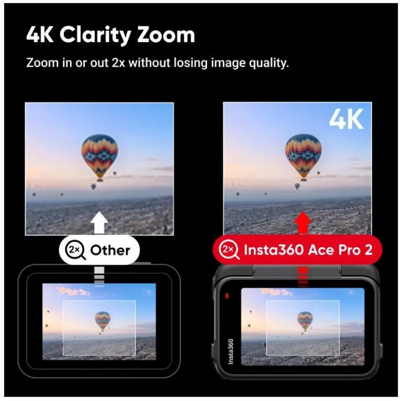 Action kamera Insta360 Ace Pro 2 — 50 MP, 8K Ultra HD (7680×3272), 1/1.3 collu sensors, līdz 240 kadriem/s, iebūvēts ekrāns, Wi‑Fi, MicroSD, 177,7 g, Melna