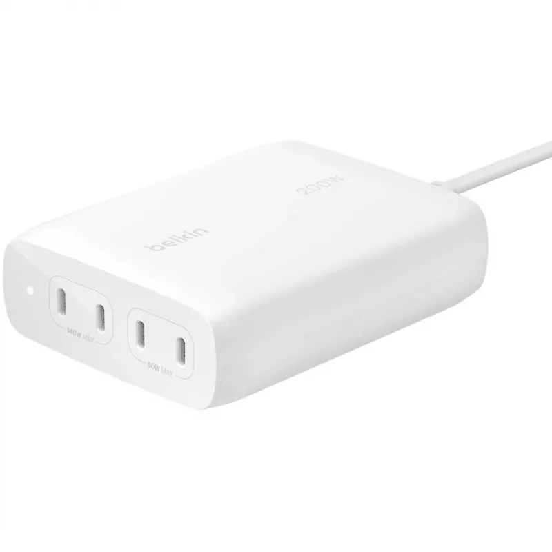 Belkin BoostCharge Pro 200 W 4 USB-C pieslēgvietu GaN uzlādes bloks, balts (WCH015VFWH)