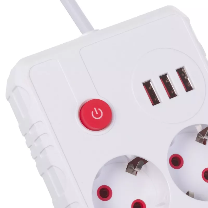 Strāvas sloksne MACLEAN MCE388 W — 2 kontaktligzdas, 3×USB, 110–240V, 2500W, 3 m vads, balta
