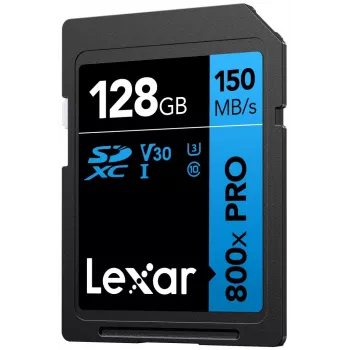 SDXC atmiņas karte Lexar 128GB UHS-I 800xPRO Class 10 U3 V30 — lasīšana 150 MB/s, rakstīšana 45 MB/s, melna