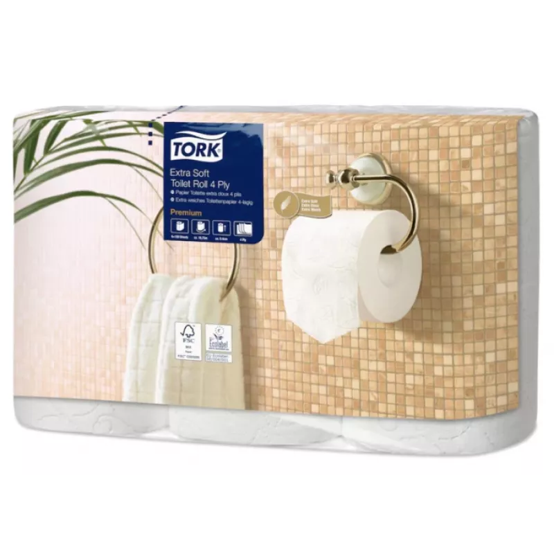 Tualetes papīrs Tork Premium Extra Soft Conventional T4 — 4 slāņu ruļļi 9,7 cm x 19,1 m, iepakojumā 6 gab.