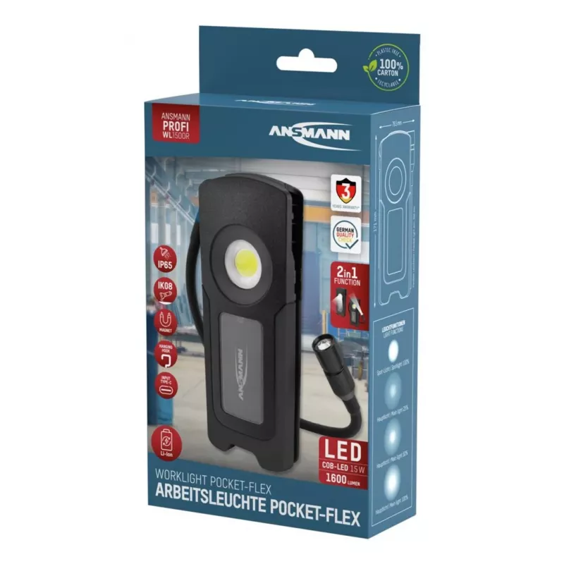Ansmann WL1500R Pocket Flex LED kabatas lukturis melns 17.1 cm 6000K