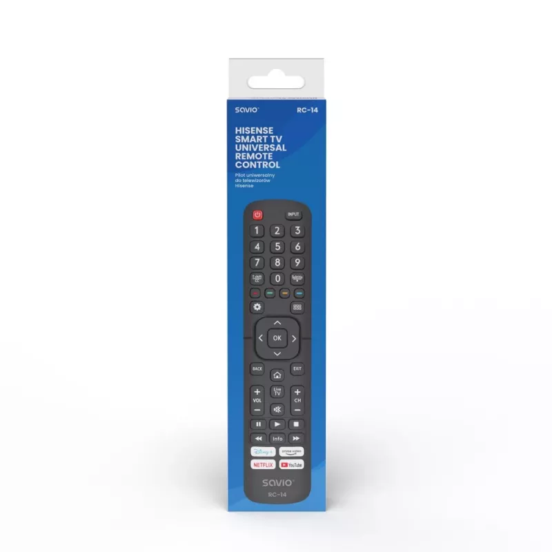 Universālā tālvadības pults SAVIO RC-14 Hisense Smart TV, IR bezvadu, atbalsta 14 ierīces, darbības rādiuss līdz 10 m, melna