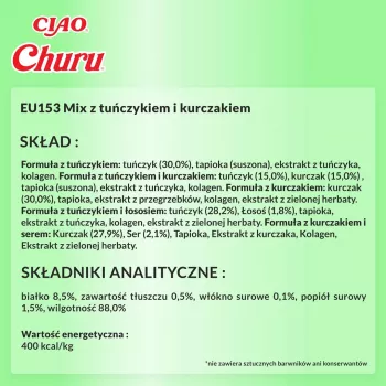 Slapjie kaķu gardumi INABA Churu Varieties – Vistas un tuncis, 50 x 14 g pastas tūbiņas, bezgraudu, bez lipekļa un bez cukura